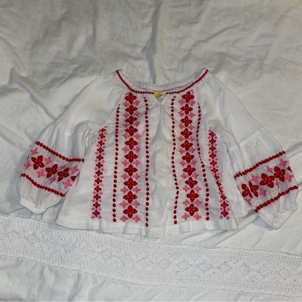 Boden Mini Sz 5-6 yr summer red and white cotton embroidered top bohemian kids